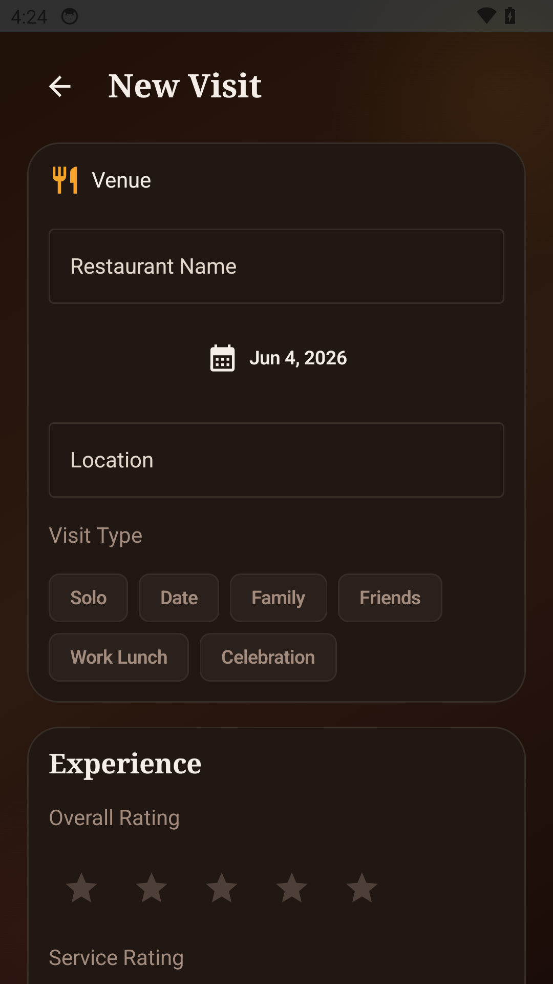 New visit screen